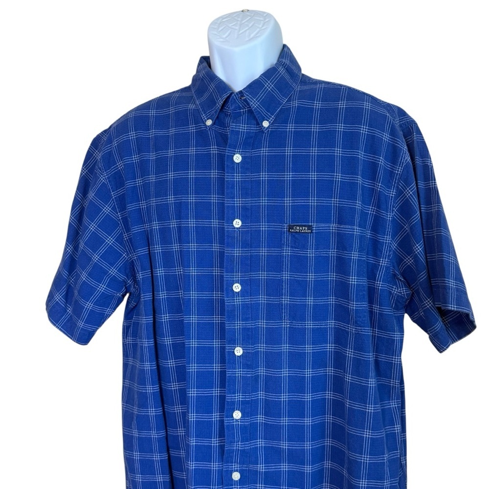 Chaps‎ Ralph Lauren Blue Windowpane Plaid Short Sleeved Button Down Shirt Large